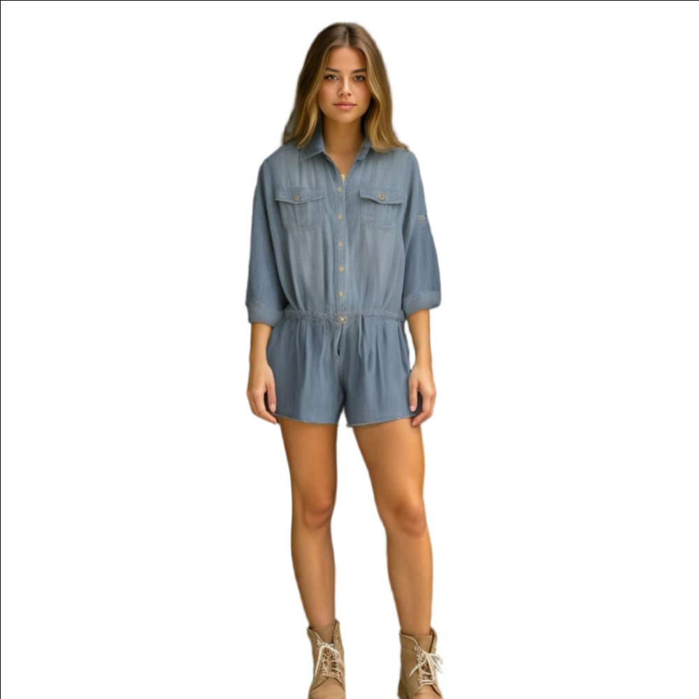 Jolt Blue Chambray Jumpsuit Romper One Piece Cotton Light Denim Size Medium